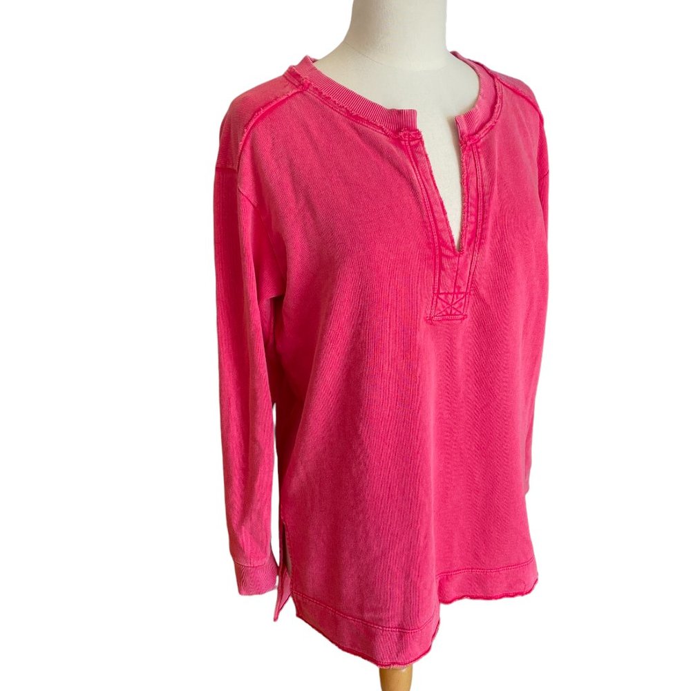 NWT Anthropologie Pilcro Hot PInk Split Neck Sweatshirt Tunic Slouchy Raw Hem-M